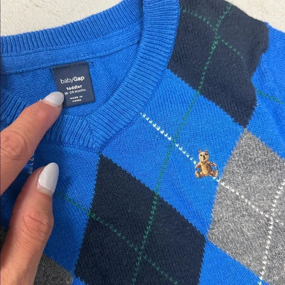 Blue Argyle Sweater BABY GAP Plaid Toddler Boys Sweater 18-24 Months WORN ONCE